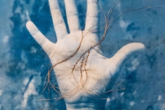 "Palmistry," 2019. Cyanotype on fabric, copper thread embroidery