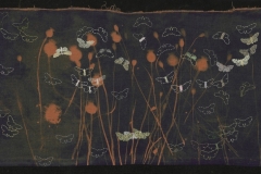 "Poppies Surrounded by Embroidered Moths", 2020. Cyanotype and embroidery on linen.