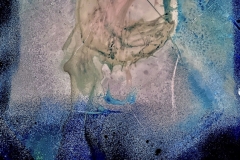 "Anthropocene Melting Orb 1", 2019. CYANOTYPE CHEMISTRY APPLIED OVER LUMEN PRINT, ICE AND PLANTS AND RANDOM NATURAL SCATTERINGS REMAINED ON SURFACE.