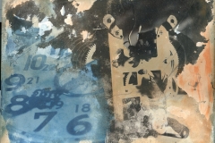 "Relentless", 2022. Cyanotype over distressed silver gelatin print with added color oils