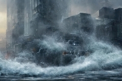 Tsunami tidal wave city flood natural disaster, flooding water in city, climate change and global warming, conceptual illustration