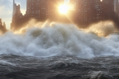 Tsunami wave apocalyptic city flooded, water view urban flood Storm from climate change and global warming , conceptual illustration