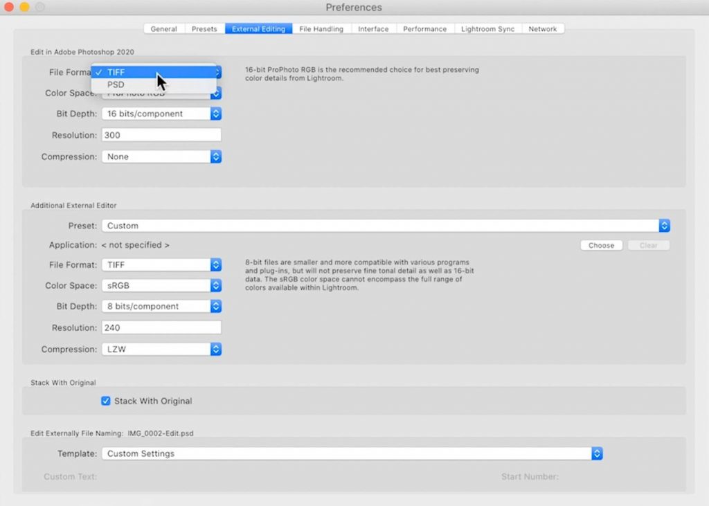 Lightroom Edit in Photoshop Settings