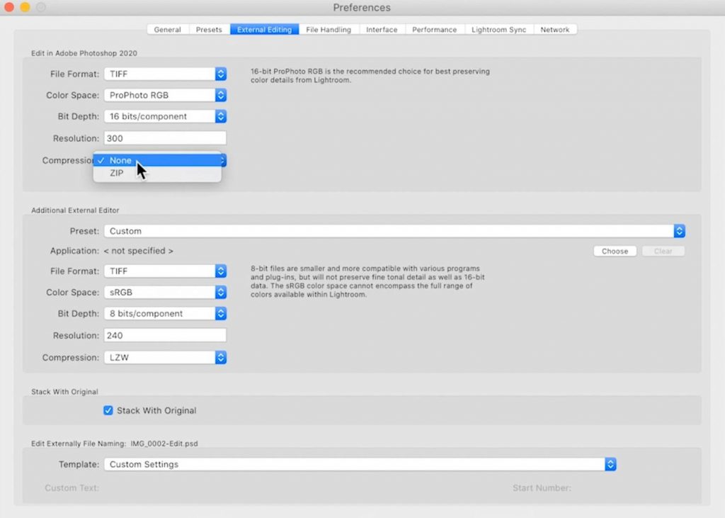 Lightroom Edit in Photoshop Settings