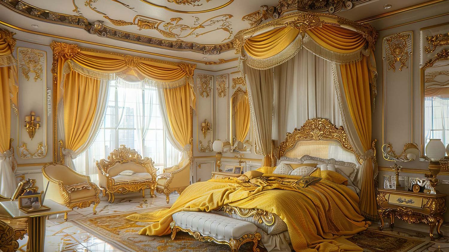 Luxurious Royal Bedroom in Opulent Baroque Style with Golden Accents